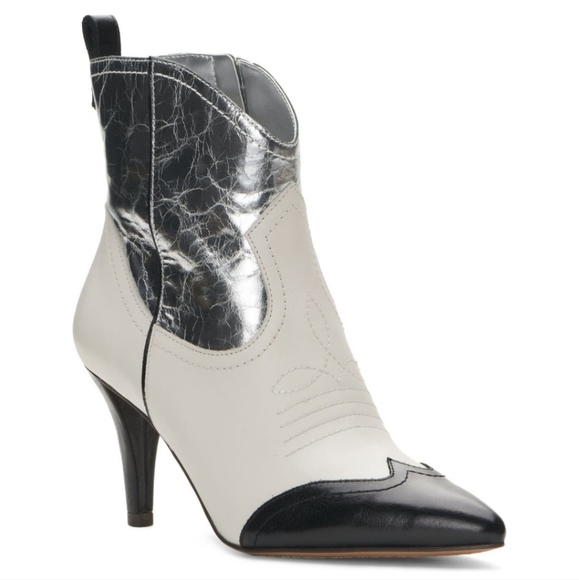 Vince Camuto Saiovell Leather Ankle Cowboy Heeled Mini Boot Leather Foiled #642 - Picture 1 of 16